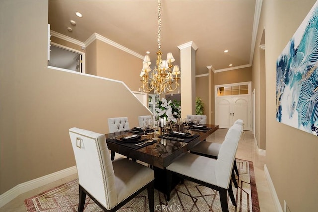 12999 Caminito Pointe Del Mar, Del Mar, CA 92014 - dining space with an inviting chandelier, recessed lighting, crown molding, and baseboards