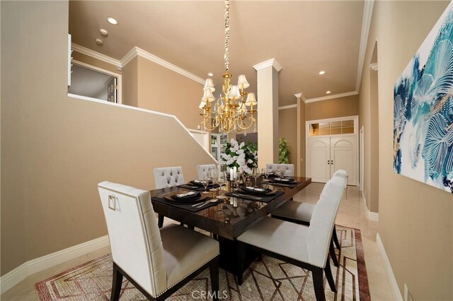 12999 Caminito Pointe Del Mar, Del Mar, CA 92014 - dining space featuring a chandelier, recessed lighting, crown molding, and light tile patterned flooring