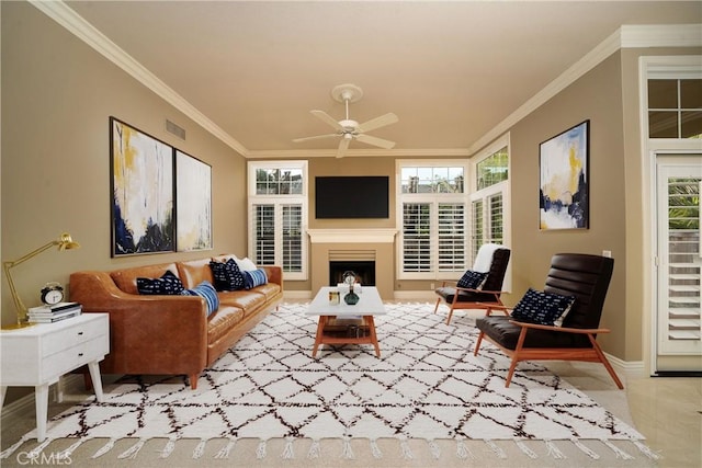 12999 Caminito Pointe Del Mar, Del Mar, CA 92014 - living room featuring a wealth of natural light, ornamental molding, baseboards, visible vents, and a ceiling fan