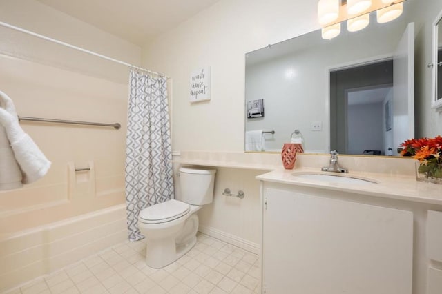 full bathroom featuring toilet, vanity, shower / bathtub combination with curtain, and tile patterned flooring