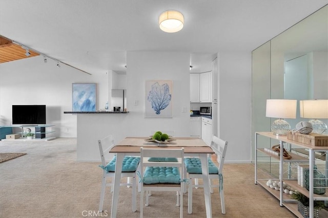 dining room with rail lighting and light carpet