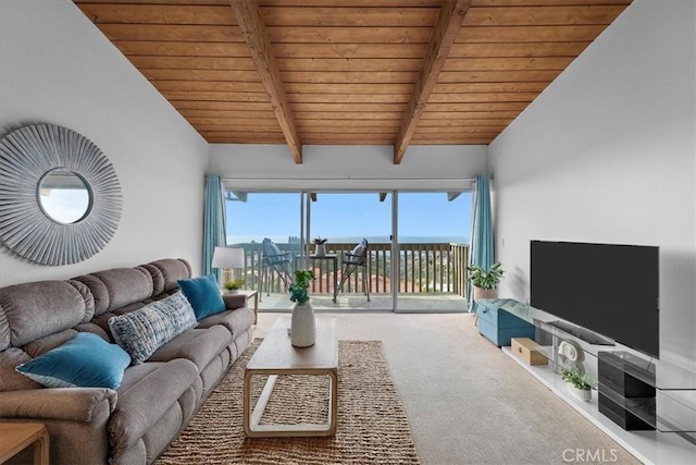 living room with lofted ceiling with beams, wooden ceiling, and carpet