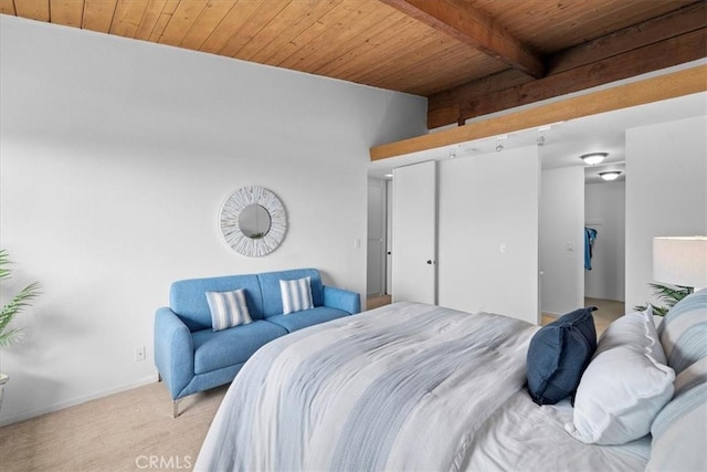 carpeted bedroom with wood ceiling and beamed ceiling