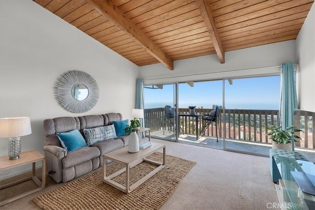 living room featuring vaulted ceiling with beams, carpet floors, wooden ceiling, and a water view