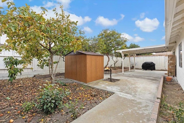 view of patio featuring grilling area and a storage shed