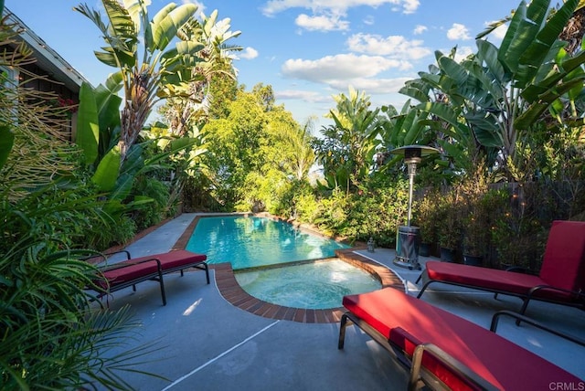 outdoor pool with an in ground hot tub and a patio area