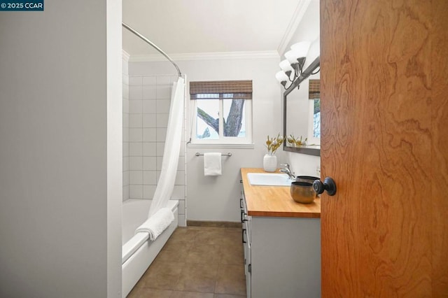 bathroom with ornamental molding, shower / bath combo, vanity, and tile patterned floors