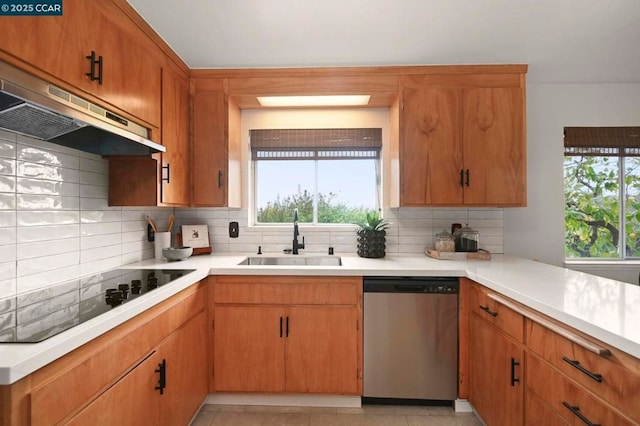 kitchen featuring tasteful backsplash, dishwasher, sink, and black electric cooktop