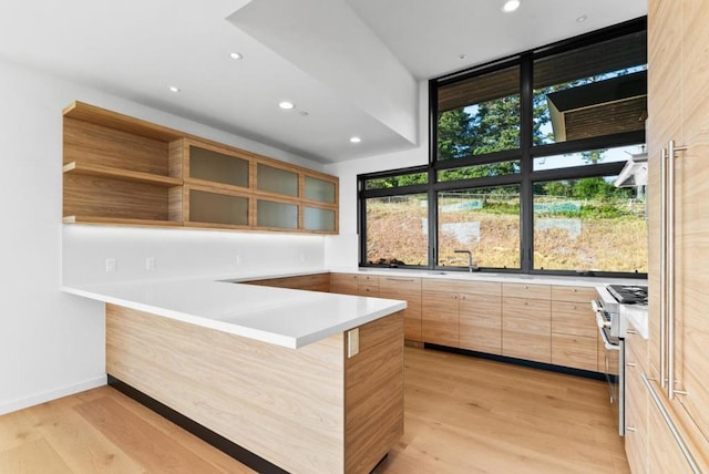 kitchen featuring a breakfast bar area, kitchen peninsula, and light hardwood / wood-style flooring