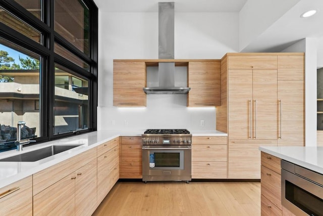 kitchen featuring sink, light hardwood / wood-style flooring, stainless steel appliances, light brown cabinetry, and wall chimney exhaust hood