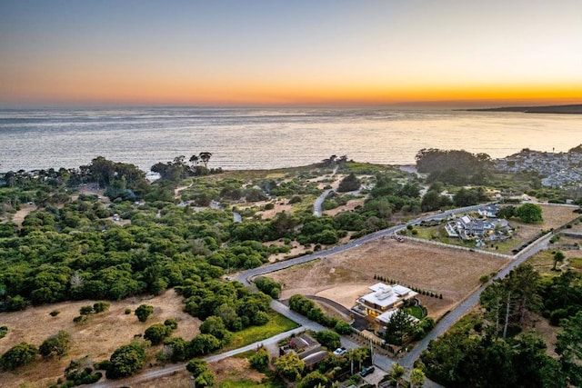 aerial view at dusk featuring a water view