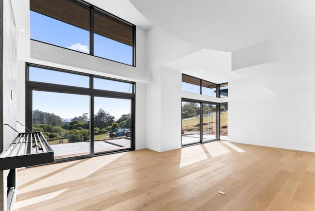 unfurnished living room with a high ceiling and light wood-type flooring