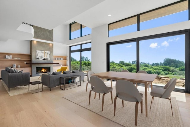 dining area with a healthy amount of sunlight, light hardwood / wood-style floors, and a towering ceiling