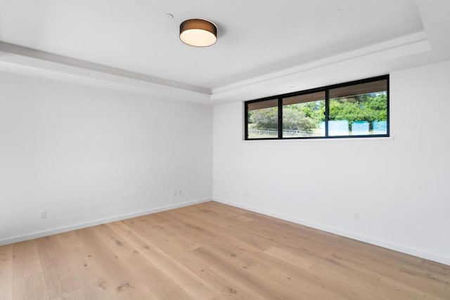 unfurnished room with a tray ceiling and light wood-type flooring