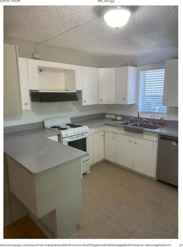 kitchen featuring white cabinets, stainless steel dishwasher, sink, and electric range