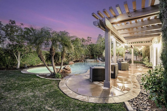 patio terrace at dusk with a yard