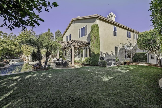 view of property exterior with a patio, a pergola, and a lawn