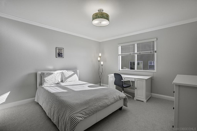 bedroom featuring ornamental molding and light colored carpet