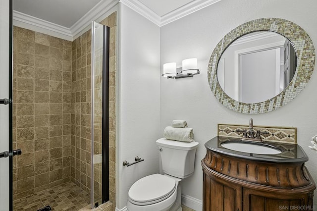 bathroom with crown molding, vanity, toilet, and walk in shower