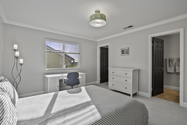 carpeted bedroom featuring ornamental molding