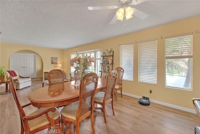 dining room featuring ceiling fan, light hardwood / wood-style flooring, and a textured ceiling