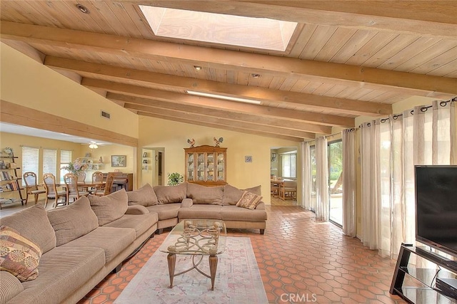 tiled living room with wood ceiling, a healthy amount of sunlight, and lofted ceiling with skylight