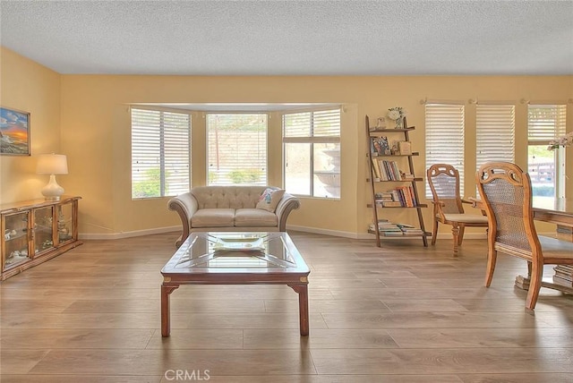 living room with a textured ceiling and light wood-type flooring