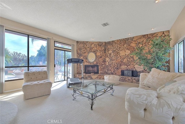 carpeted living room with a wealth of natural light, a fireplace, and a textured ceiling