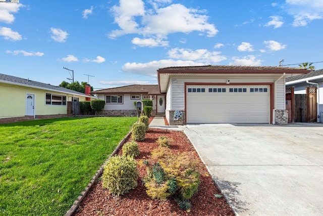 ranch-style house with a garage and a front yard