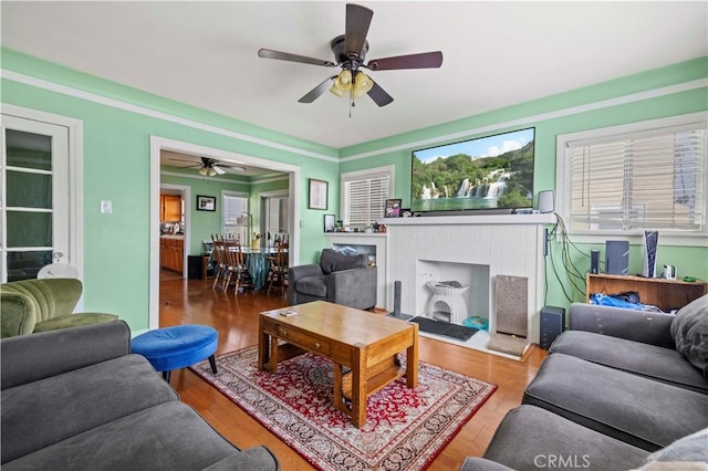 living room with hardwood / wood-style floors, a healthy amount of sunlight, and ceiling fan