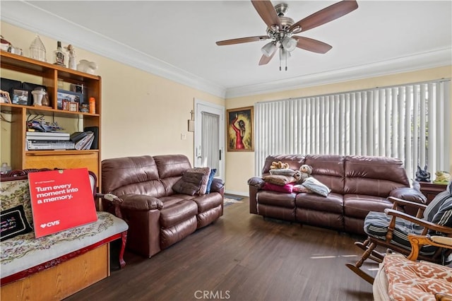 living room with ceiling fan, ornamental molding, and dark hardwood / wood-style floors