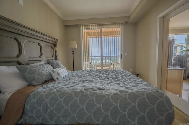 bedroom featuring crown molding and access to exterior