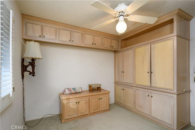 carpeted office space featuring a textured ceiling and ceiling fan