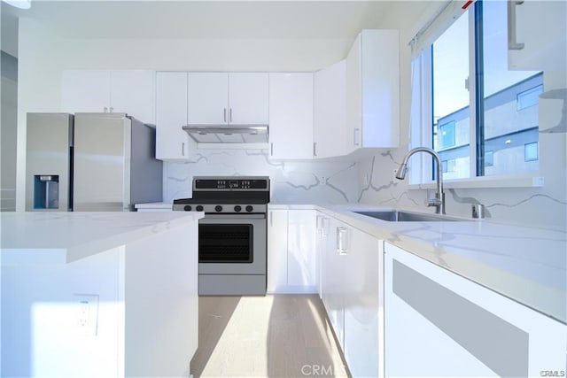 4455 S Slauson Ave, Culver City, CA 90230 - kitchen featuring a sink, stainless steel appliances, white cabinetry, light stone countertops, and under cabinet range hood
