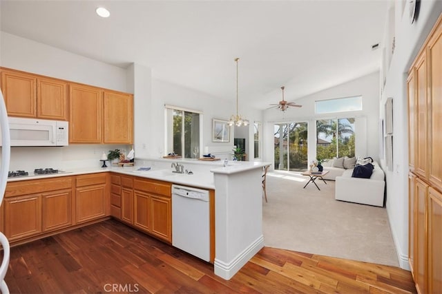 kitchen with dark wood finished floors, light countertops, open floor plan, white appliances, and a peninsula