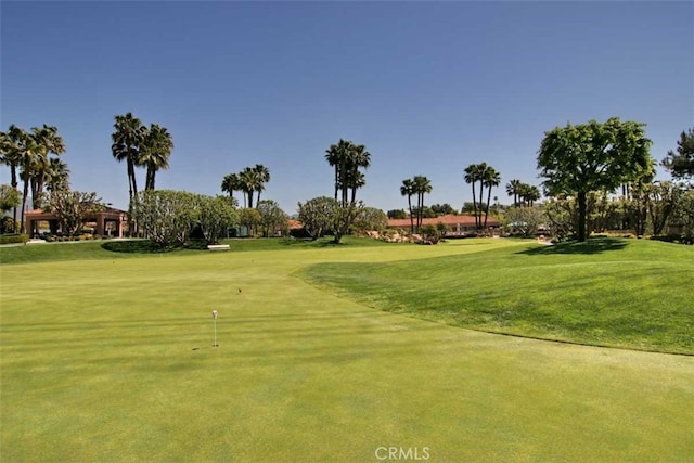 view of community with golf course view and a lawn