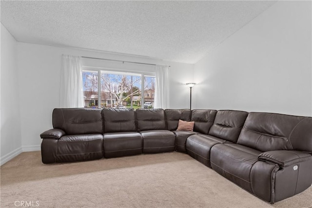 carpeted living room featuring a textured ceiling