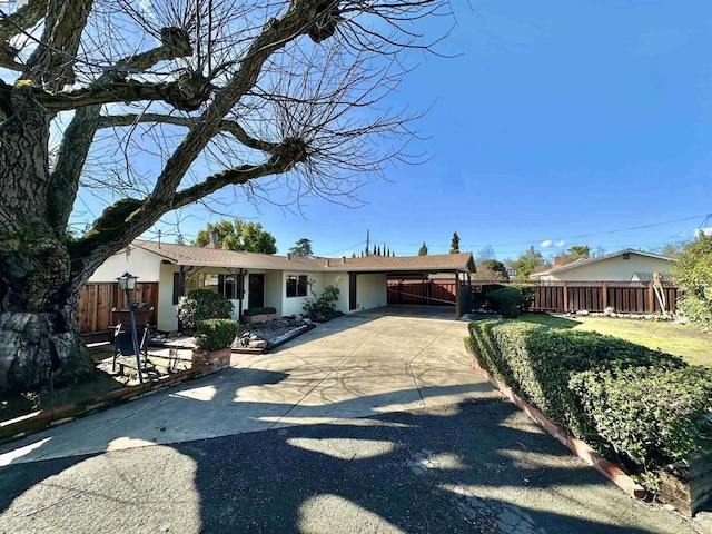 ranch-style house featuring a front lawn and a carport