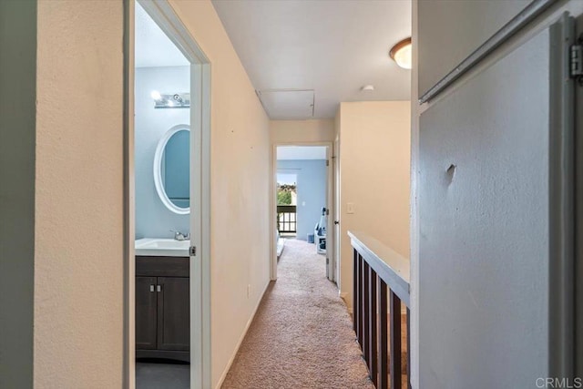 hall featuring sink and light carpet