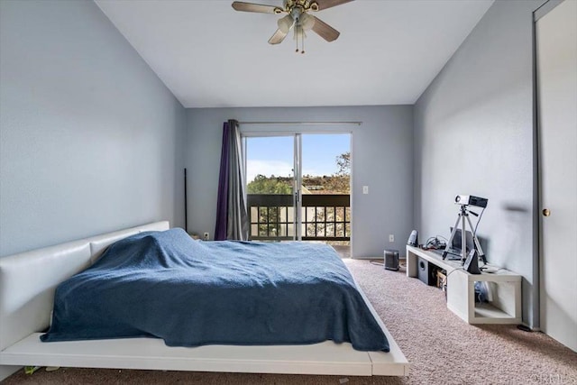 bedroom with ceiling fan, carpet flooring, vaulted ceiling, and access to outside