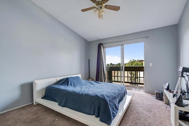 bedroom featuring access to exterior, vaulted ceiling, ceiling fan, and carpet flooring