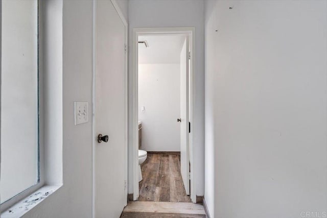 corridor with wood-type flooring