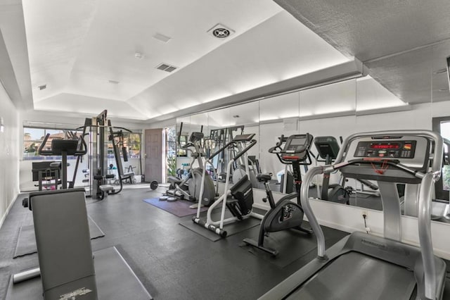 workout area with a raised ceiling