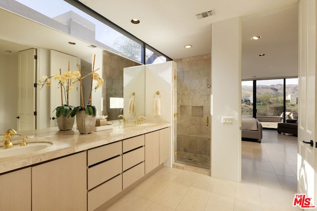 bathroom with vanity, tile patterned flooring, and walk in shower