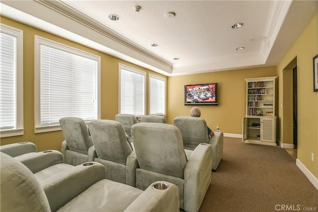 home theater featuring ornamental molding, carpet flooring, and a raised ceiling