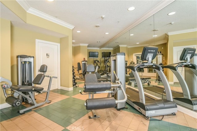 workout area featuring ornamental molding, light tile patterned flooring, and a textured ceiling