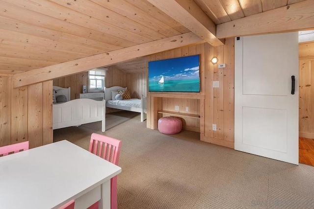 bedroom with wood ceiling, lofted ceiling with beams, carpet, and wood walls