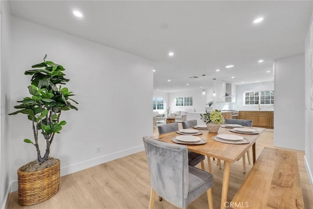 dining area featuring sink and light wood-type flooring