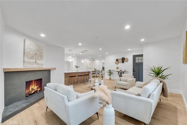 living room featuring a fireplace and light hardwood / wood-style floors