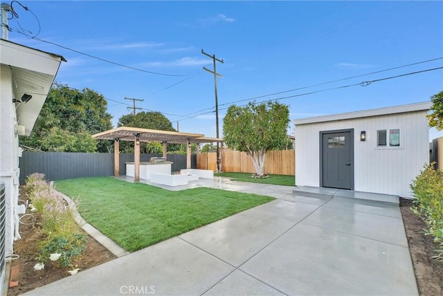 view of yard with an outbuilding and a patio area